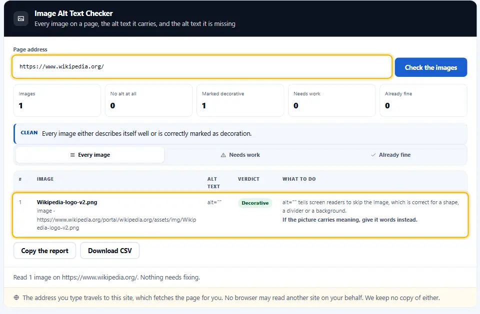 Image alt text checker after a scan of a web address, with the address box and the list of images and alt text highlighted