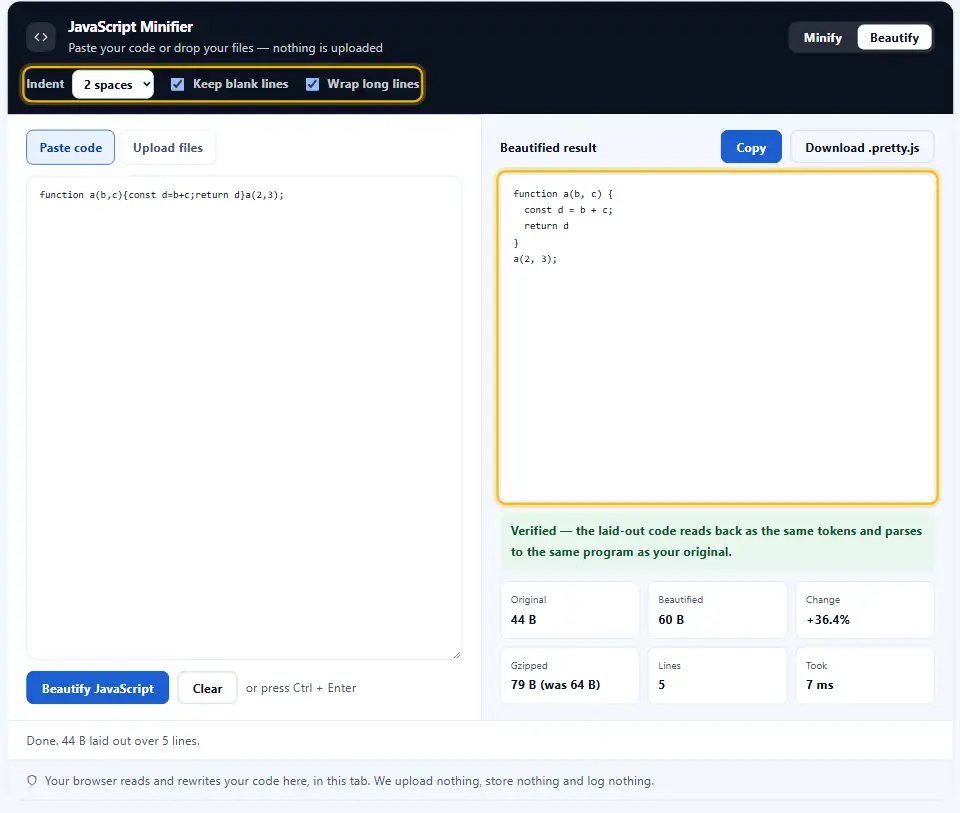 Minificador de JavaScript en modo embellecer, que convierte una línea compacta en código con sangría, con el menú de sangría y el resultado resaltados