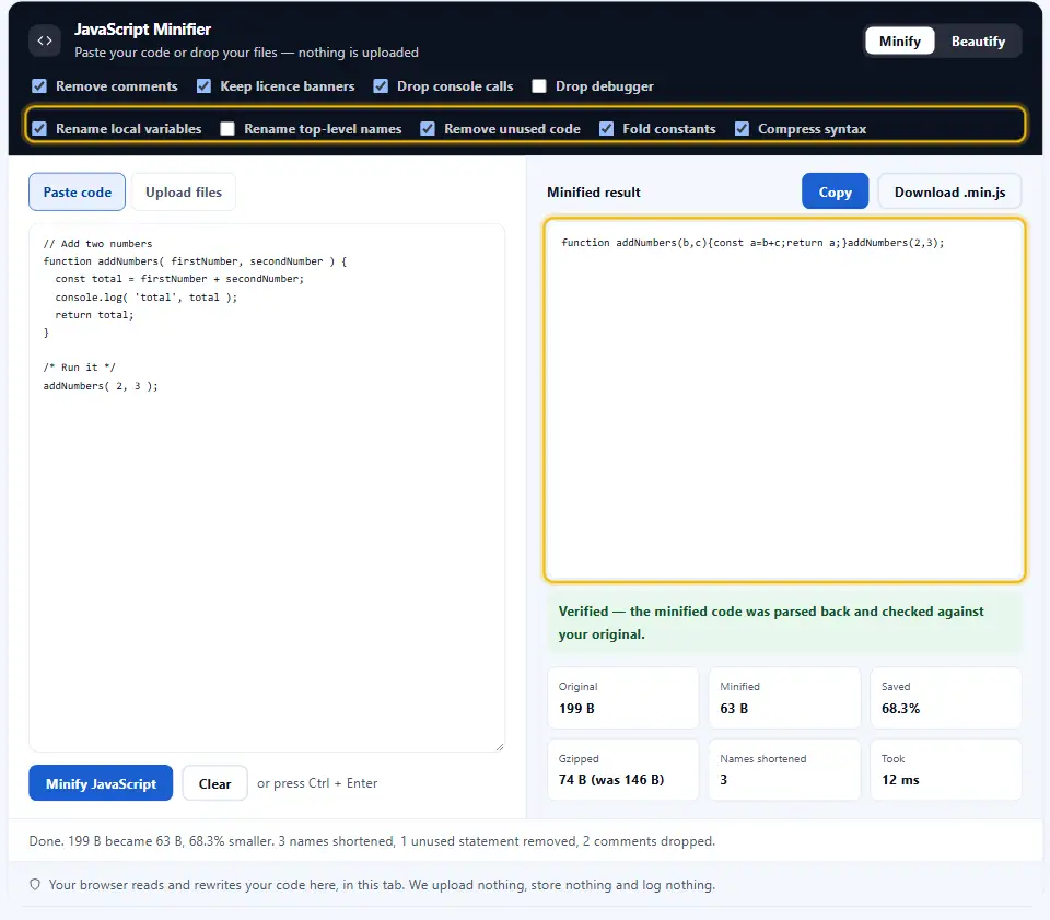 مصغّر JavaScript مع تفعيل اختصار الأسماء وإزالة console فتستخدم النتيجة أسماء من حرف واحد ولا تحتوي على استدعاء سجل
