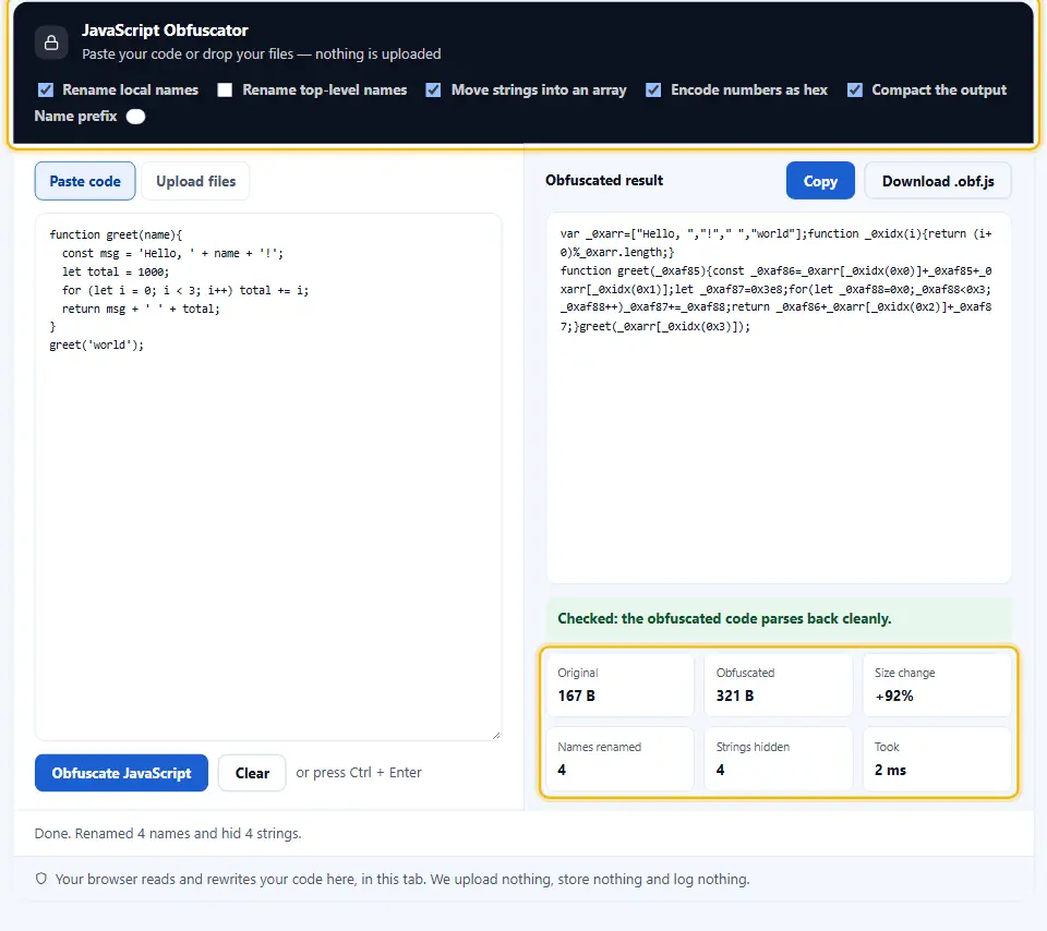 Obfuscator-Einstellungen mit vier Transformations-Kästchen und einem Namenspräfix, der Ausgabegröße und der Zahl der Umbenennungen darunter Obfuscator-Einstellungen mit vier Transformations-Kästchen und einem Namenspräfix, der Ausgabegröße und der Zahl der Umbenennungen darunter