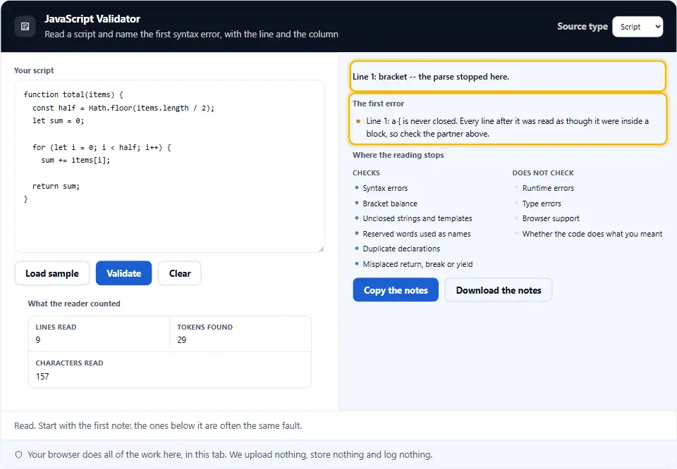 Captura del validador JavaScript después de leer una función de nueve líneas cuya llave de apertura nunca se cierra, el panel del script a la izquierda con los recuentos debajo que indican nueve líneas, cincuenta y un tokens y ciento cincuenta y siete caracteres, y a la derecha una línea de resumen que dice línea uno corchete sin cerrar, el análisis se detuvo aquí, encima de una sola nota que dice que esta llave nunca se cierra, así que todas las líneas posteriores se leyeron como parte de lo que abrió