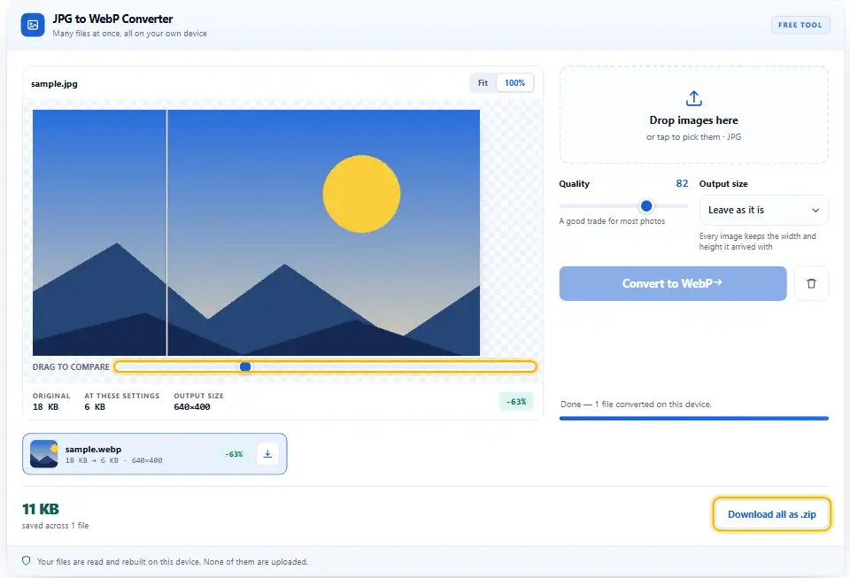 محوّل JPG إلى WebP بتكبير كامل ومؤشر المقارنة إلى اليسار وتمييز زر تنزيل ZIP للدفعات