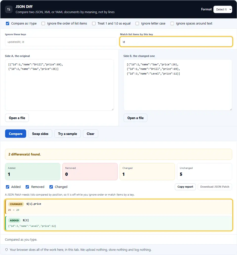 Herramienta de comparar JSON que empareja dos listas de productos por la clave id y lista un precio cambiado y un producto añadido