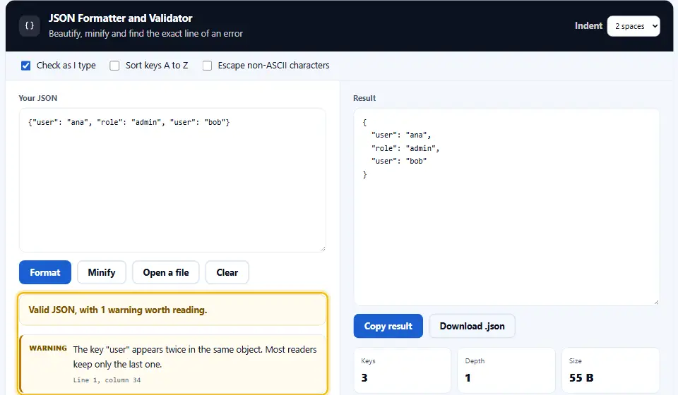 Rapporto del formattatore JSON che avverte che la chiave user compare due volte in un oggetto, con il pannello di avviso evidenziato