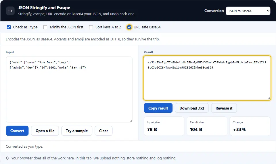 JSON stringify tool in Base64 mode with the URL-safe option ticked and the encoded result shown beside the JSON