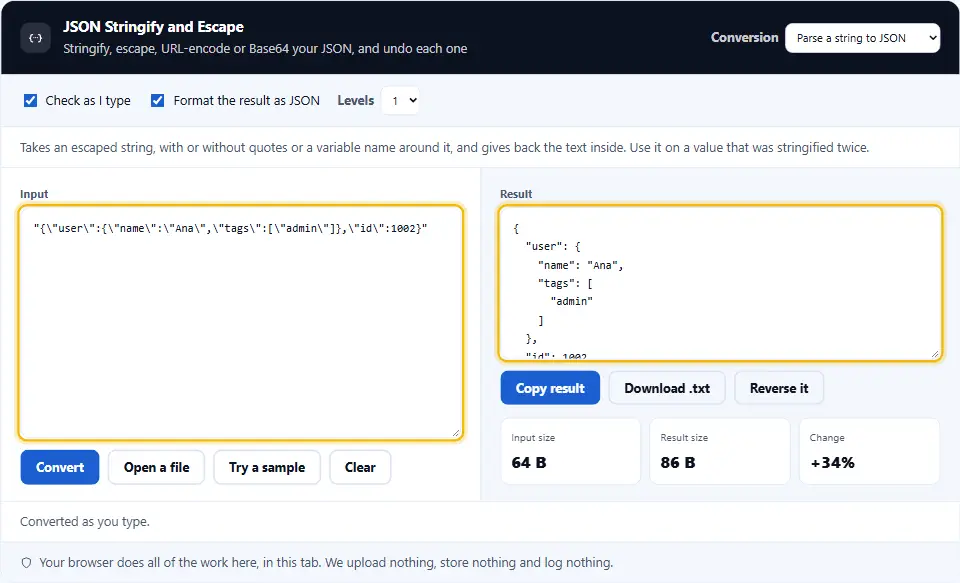 JSON stringify tool in parse mode, turning a double-escaped string back into readable formatted JSON