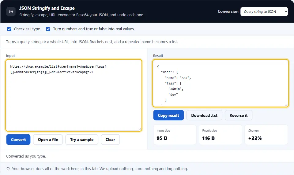 JSON stringify tool turning a web address with bracketed parameters into nested JSON with a list of tags
