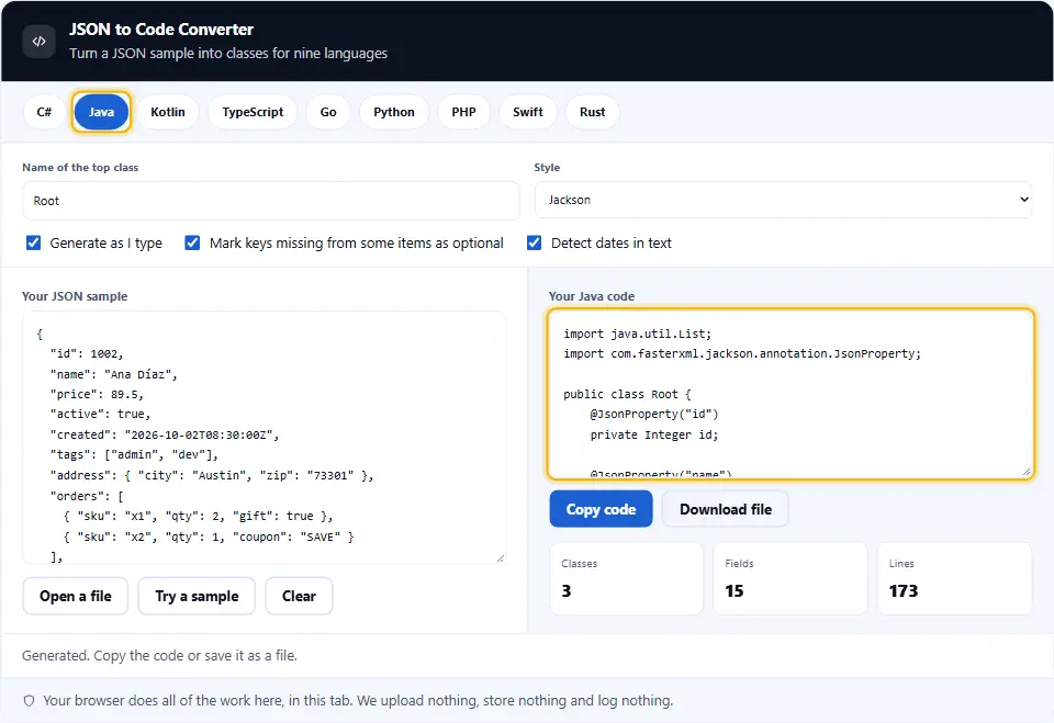 Convertitore da JSON a codice con Java scelto, che mostra una classe Customer con campi privati e annotazioni Jackson