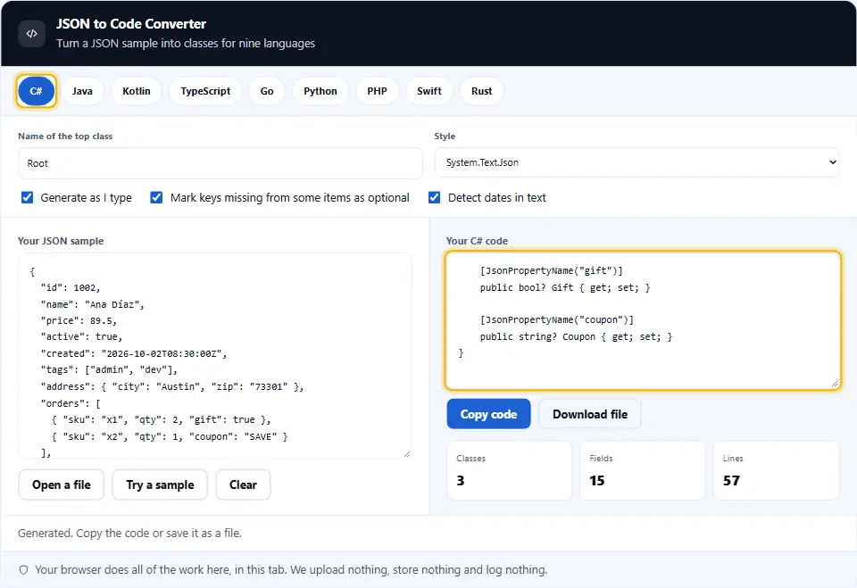 Convertitore da JSON a codice che mostra una classe Order dove i campi gift e coupon sono facoltativi perché solo alcuni ordini li portano