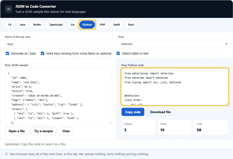Convertitore da JSON a codice con Python scelto, che mostra dataclass con campi tipizzati e valori Optional
