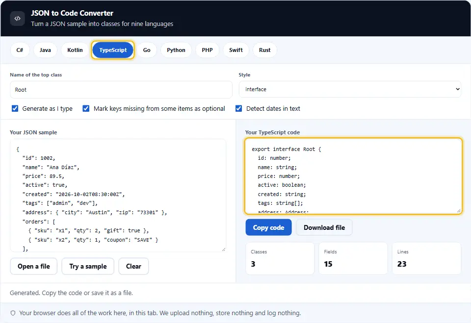 Convertitore da JSON a codice con TypeScript scelto, che mostra interfacce con campi facoltativi segnati da punti interrogativi