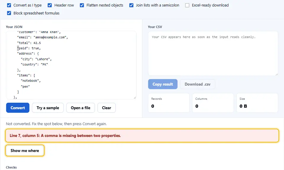 The converter showing an error message with the exact line and column of a missing comma in the JSON, and the Show me where button