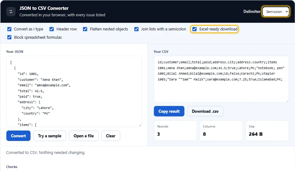 JSON to CSV converter set to semicolon delimiter with Excel-ready download ticked, showing semicolon-separated CSV output