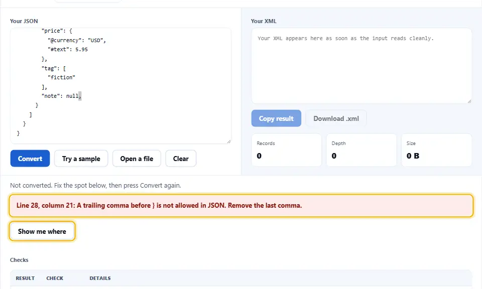 The JSON to XML converter reporting a trailing comma with its line and column, next to the Show me where button