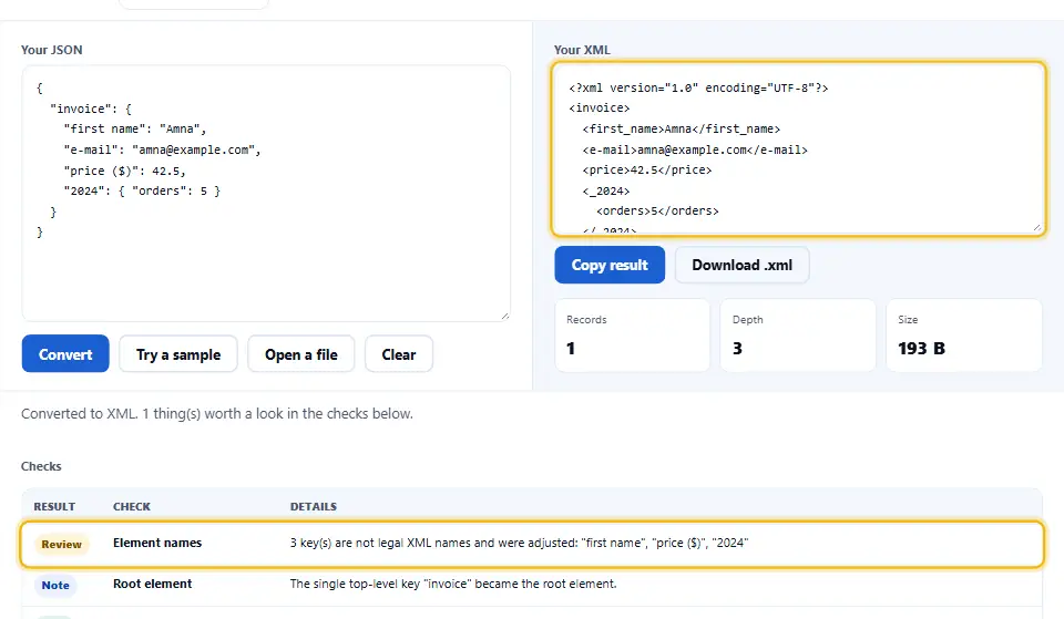 Keys with spaces, digits and symbols turned into legal XML tag names, with the checks table listing every adjusted key