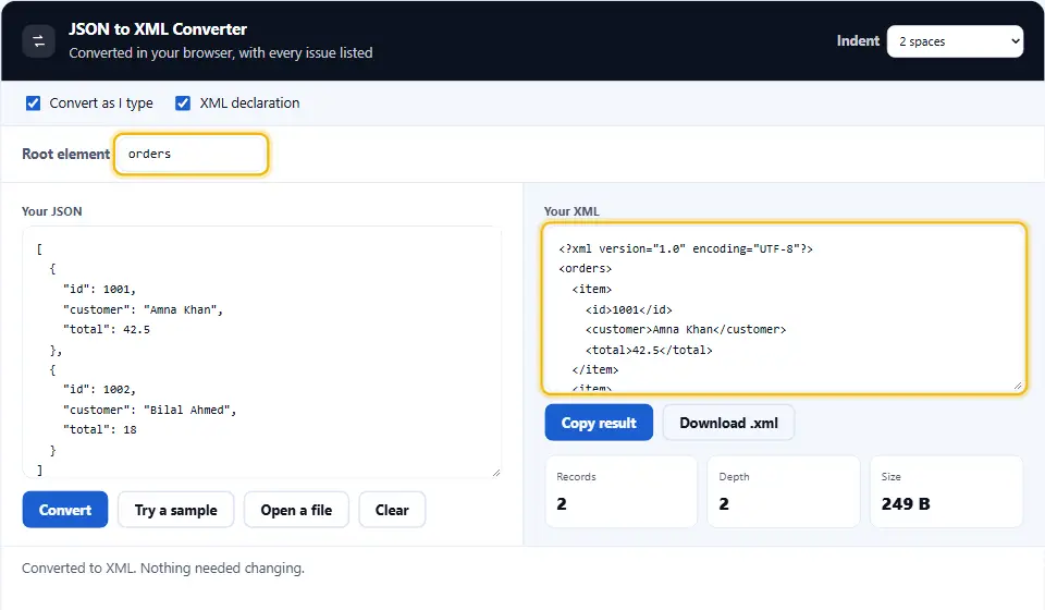JSON to XML converter with the root element named orders, wrapping a JSON list in an orders element with one item element per record