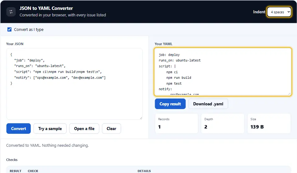 JSON avec un script multiligne converti en YAML en bloc à barre verticale, une commande par ligne
