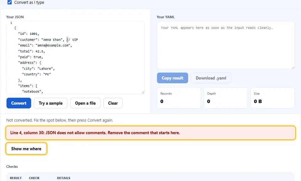 Le convertisseur JSON en YAML signale un commentaire dans le JSON avec sa ligne, sa colonne et Montrer l’endroit