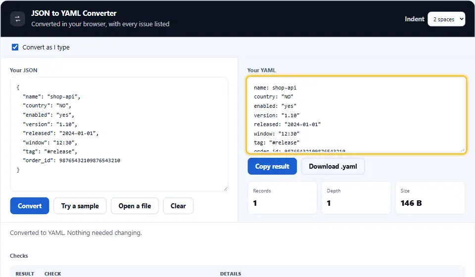 Convertisseur JSON en YAML mettant NO, yes, 1.10 et une date entre guillemets, le texte ordinaire restant sans