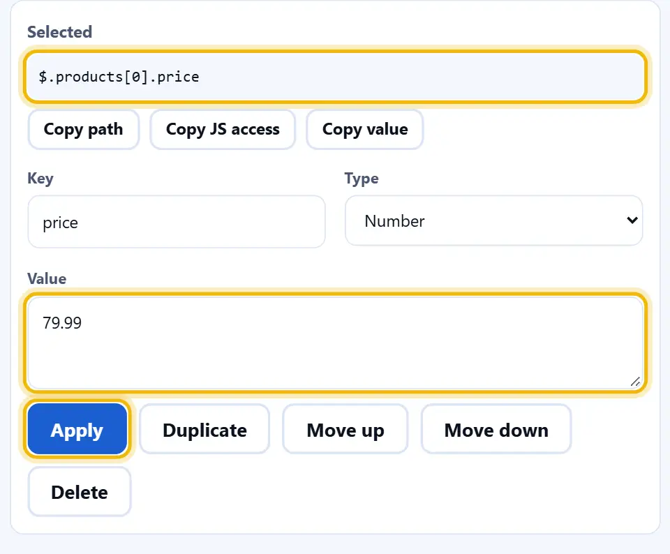 JSON viewer inspector open on the price field, with the type set to number and the new value 79.99 ready to apply