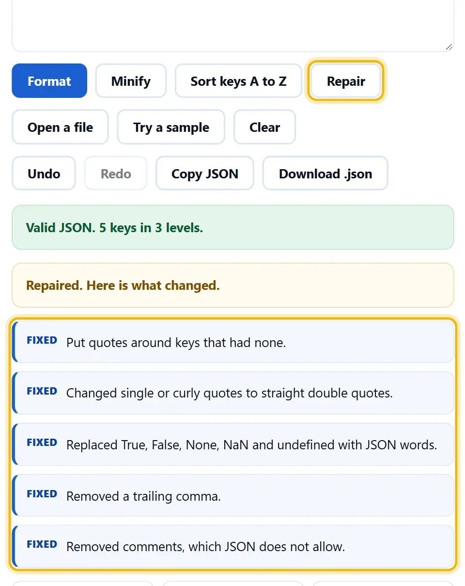 Visor JSON tras pulsar Reparar, con una lista de cinco arreglos como claves con comillas, comillas rectas y comentarios eliminados