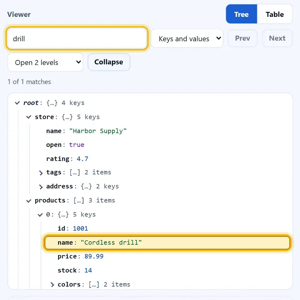 JSON viewer with the word drill typed in the search box and the matching row highlighted in yellow inside an opened branch