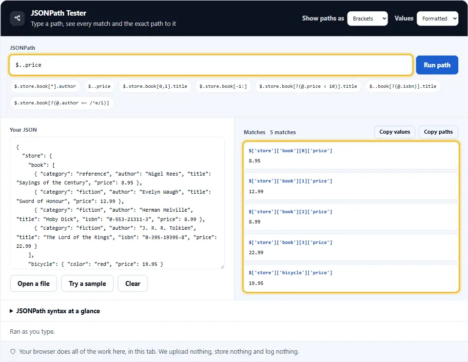 JSONPath tester running the path dollar dot dot price and listing five matches, each with its own full path