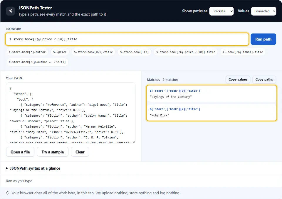 JSONPath tester che esegue un filtro per libri sotto i dieci dollari ed elenca due titoli corrispondenti con i loro percorsi