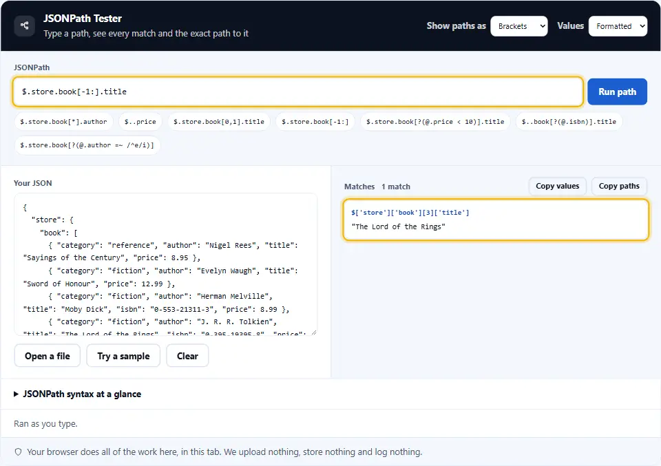 JSONPath tester يشغّل شريحة تعيد آخر كتاب في القائمة، مع المسار المطابق تحتها