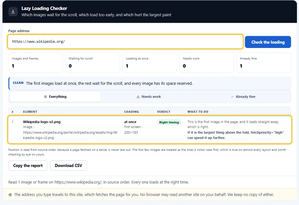 Lazy loading checker after a scan of a web address, with the address box and the list of images and their loading mode highlighted