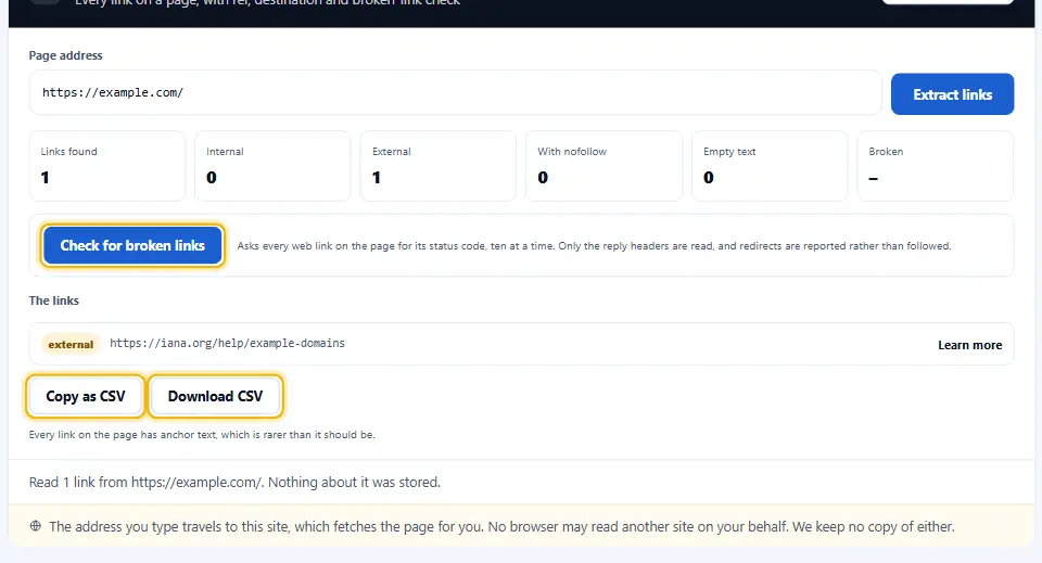 Link extractor with the check links, copy and download buttons highlighted, to test each link for a broken target
