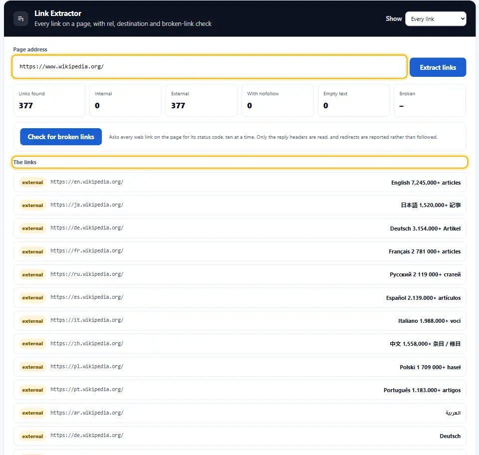 Extractor de enlaces tras analizar una dirección web, con el cuadro de la dirección y la lista de enlaces encontrados resaltados