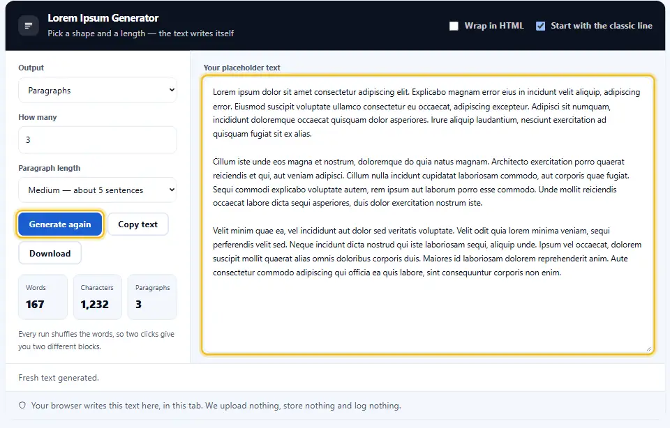 Generador de lorem ipsum con unos párrafos de texto de relleno en el cuadro de salida y el botón Generar resaltado