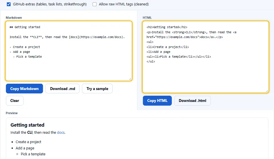 HTML avec un titre, un paragraphe avec lien et une liste imbriquée, reconverti en Markdown net