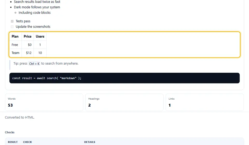 Anteprima in tempo reale di Markdown convertito con una tabella, una lista di attività con caselle e un blocco di codice