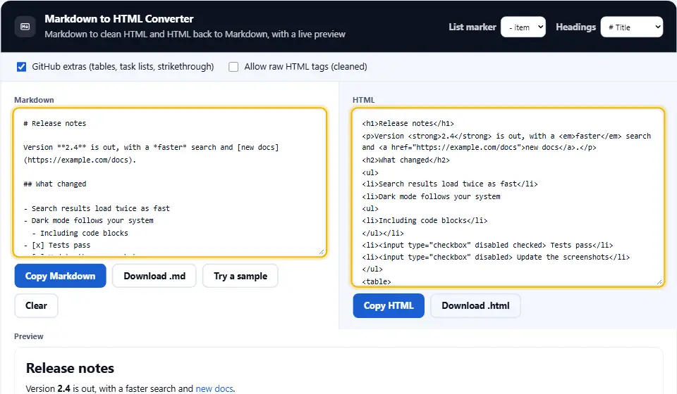 Markdown to HTML converter turning release notes with headings, a list and a table into clean HTML