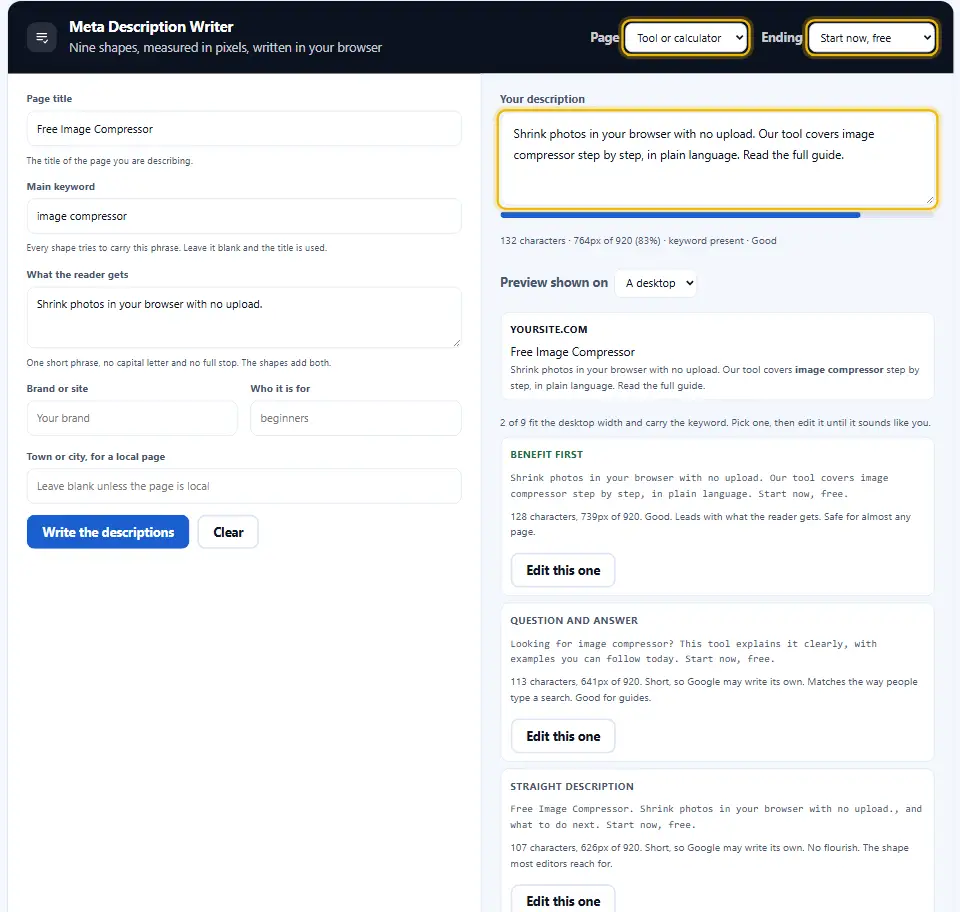Redactor de meta descripciones para una herramienta con la llamada a la acción empezar ahora al final