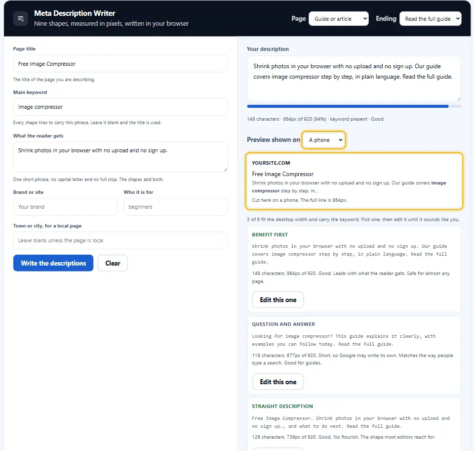 Redactor de meta descripciones con la vista previa de móvil, que muestra el resultado en un teléfono