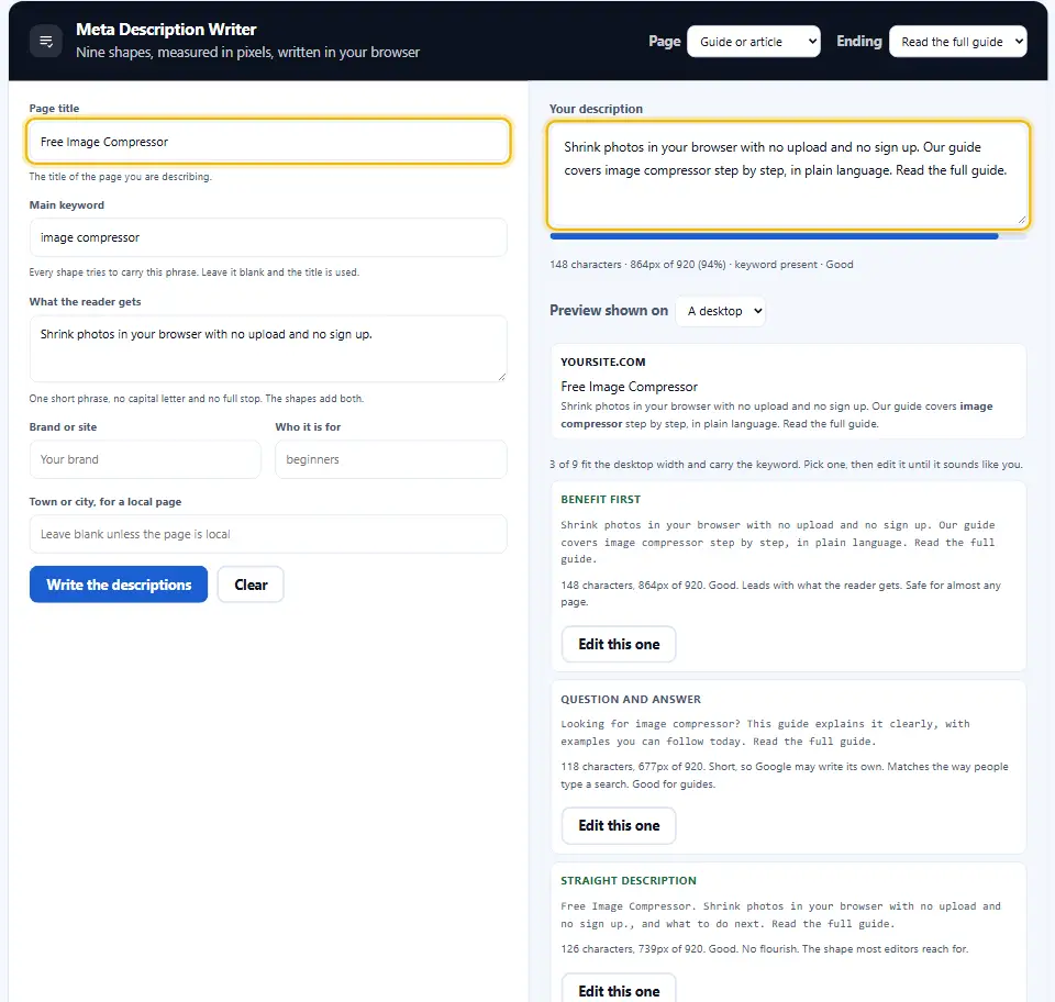 Redactor de meta descripciones con título, palabra clave y beneficio, y un borrador de unos 150 caracteres