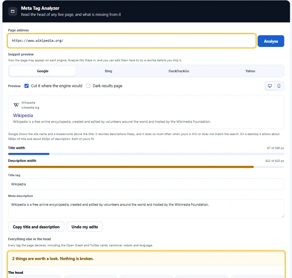 Meta-Tag-Analyzer nach der Prüfung einer Webadresse, mit hervorgehobenem Adressfeld und Bericht zu Titel, Beschreibung und anderen Tags