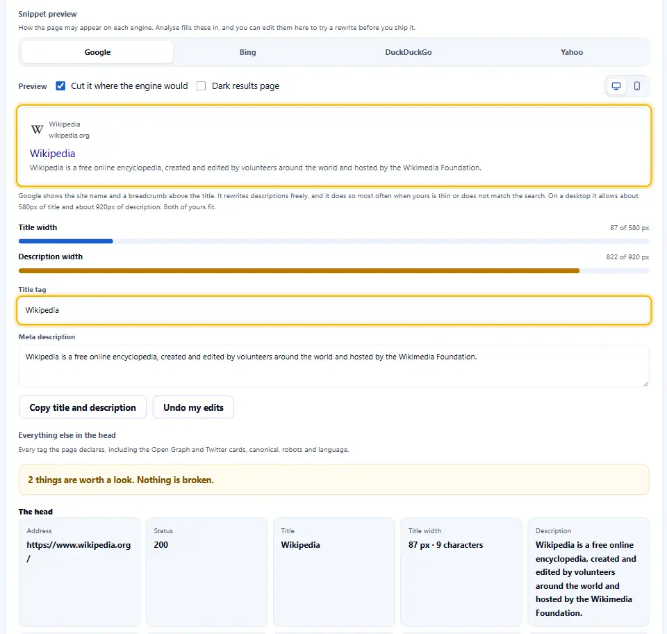 Analyseur de balises meta montrant l’aperçu de l’extrait de recherche avec les zones de titre et de description que vous pouvez modifier et tester