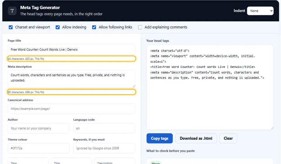 Meta tag generator with a title and a description typed in, and the notes under each box that give the length in characters and the width in pixels highlighted