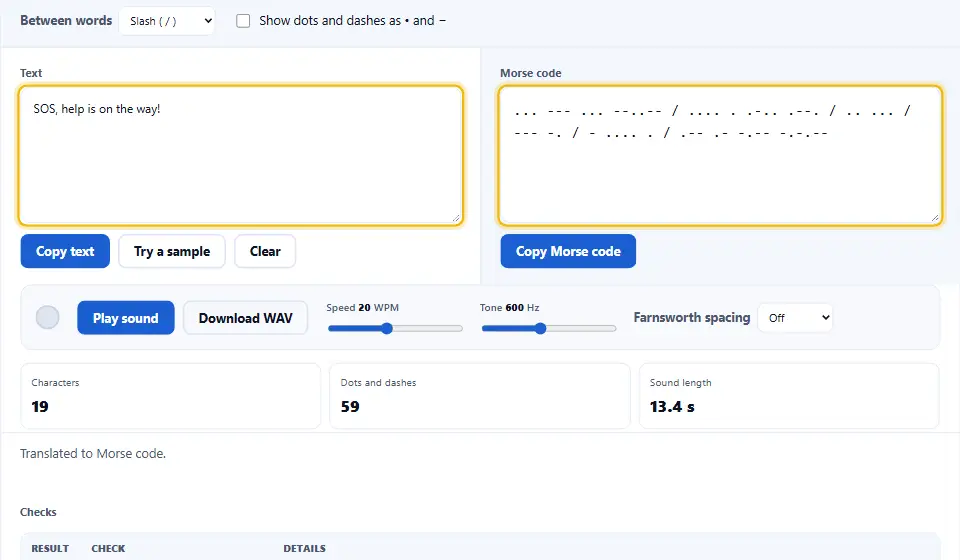 Traducteur de code morse transformant SOS, help is on the way en points et traits, barres entre les mots