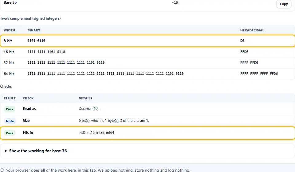 El número -42 en complemento a dos con 8, 16, 32 y 64 bits en binario y hex, con la tabla de comprobaciones indicando los tipos de entero en los que cabe