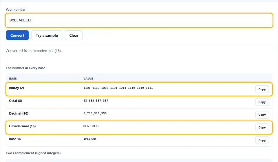 Convertidor de bases numéricas que muestra 0xDEADBEEF en binario agrupado de cuatro en cuatro, octal, decimal con comas, hexadecimal y base 36, cada uno con su botón de copiar
