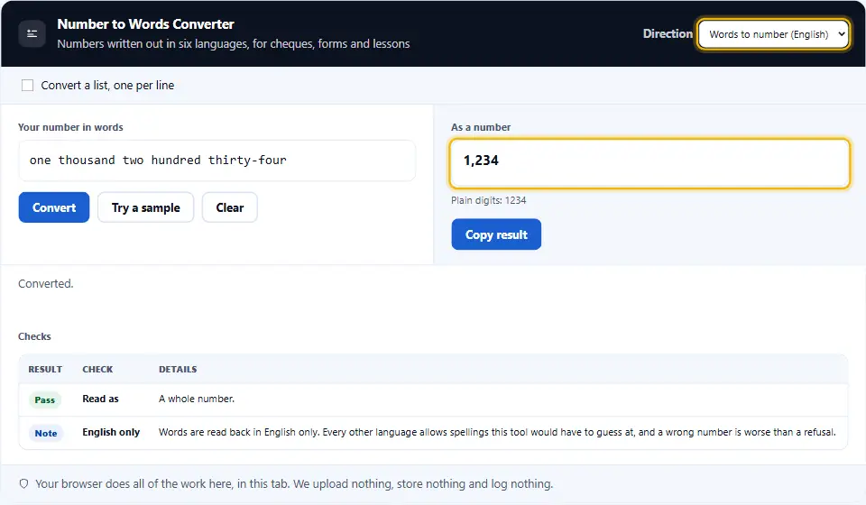 Le convertisseur réglé sur Words to number (English), qui lit one thousand two hundred thirty-four et répond 1,234 avec les chiffres bruts 1234