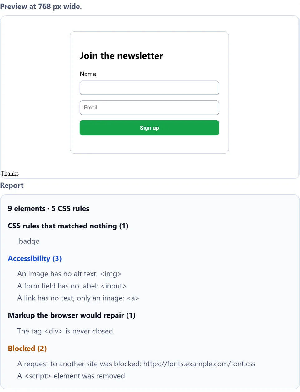 لوحة تقرير تعرض الأعداد وقواعد CSS التي لا تطابق شيئًا وصورة بلا نص بديل والعناصر المحظورة