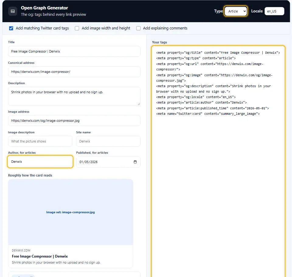 Open Graph generator with the article type chosen and an author and a publish date added, giving extra article tags in the output