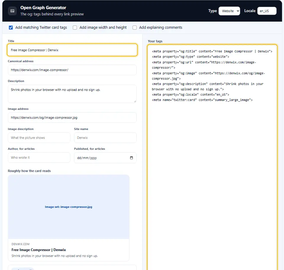 Open Graph generator with a title, address, description and image filled in, and the finished meta tags shown in the output box