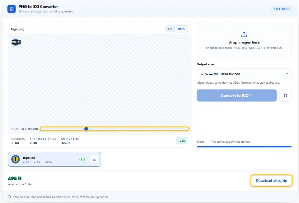 Convertitore da PNG a ICO ingrandito con il cursore di confronto a sinistra e il pulsante per scaricare tutto in ZIP evidenziato